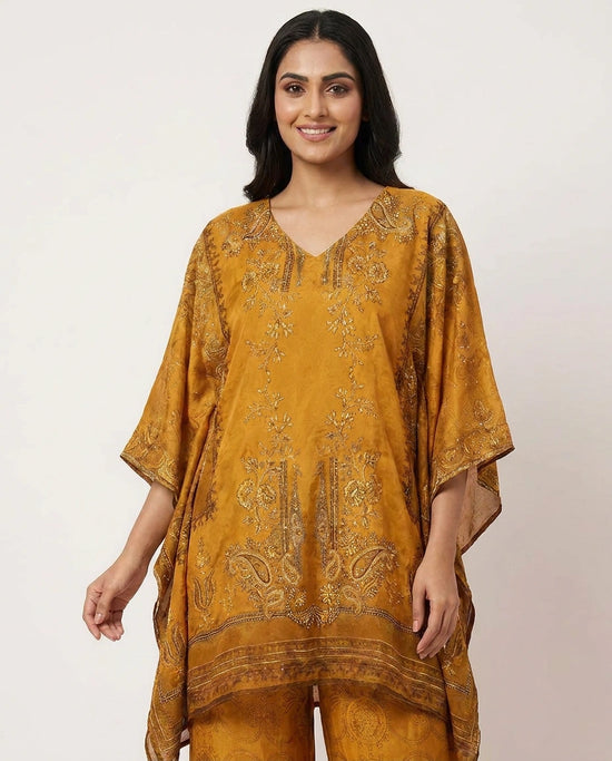 Mustard Kaftan Set in Chinon - Rangoli India