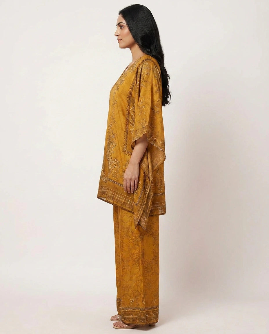 Mustard Kaftan Set in Chinon - Rangoli India