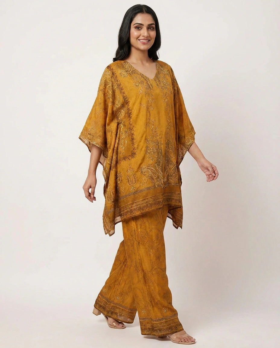Mustard Kaftan Set in Chinon - Rangoli India