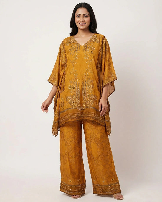 Mustard Kaftan Set in Chinon - Rangoli India
