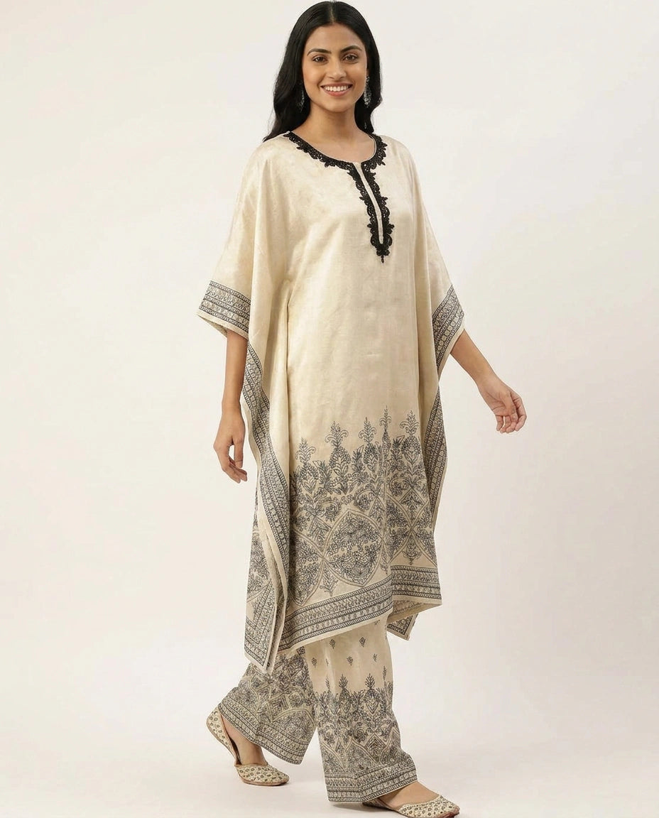 Printed Off White Kaftan Set - Rangoli India