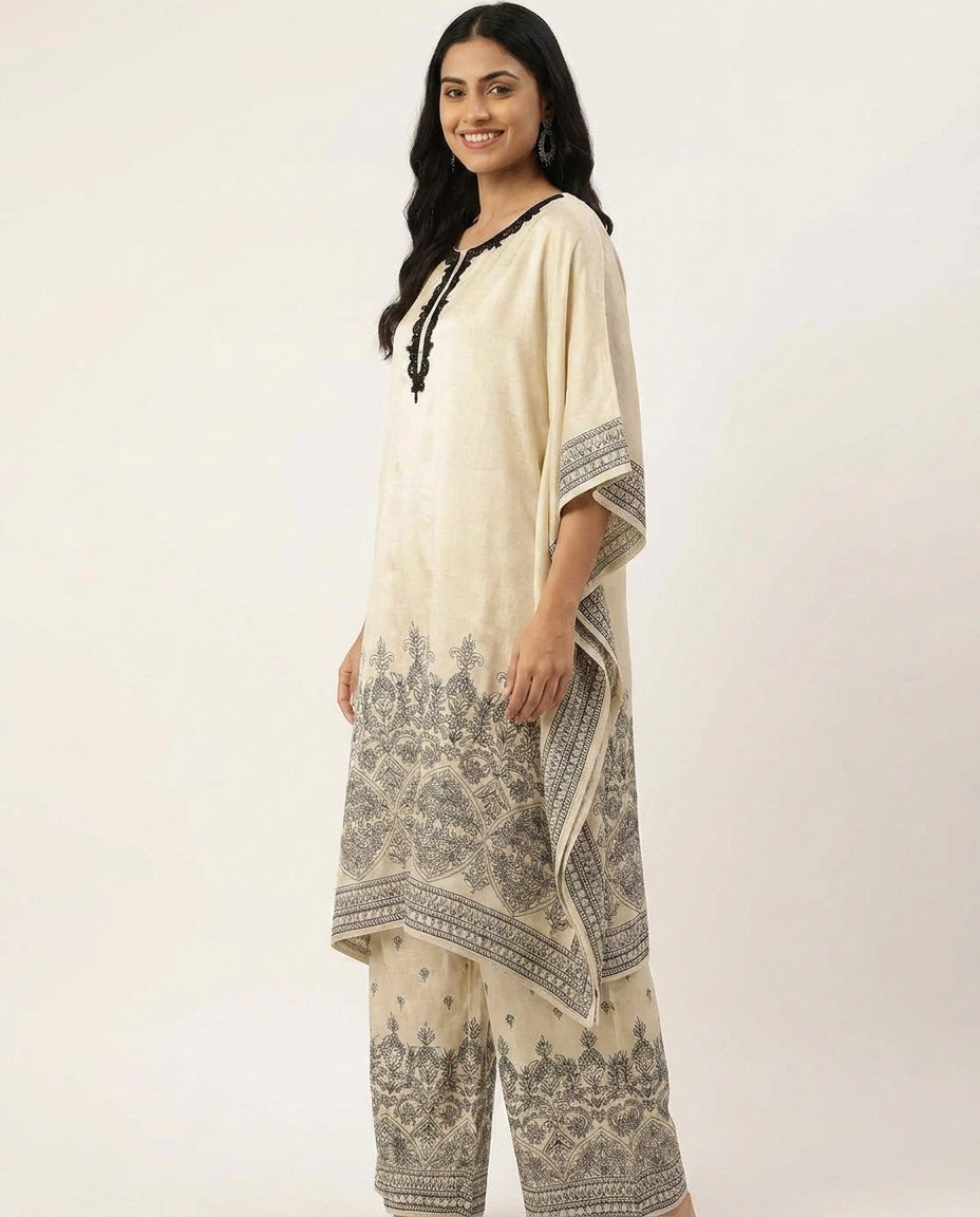 Printed Off White Kaftan Set - Rangoli India