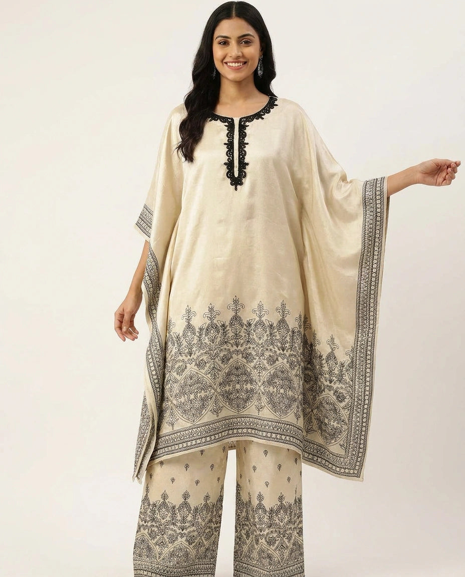 Printed Off White Kaftan Set - Rangoli India