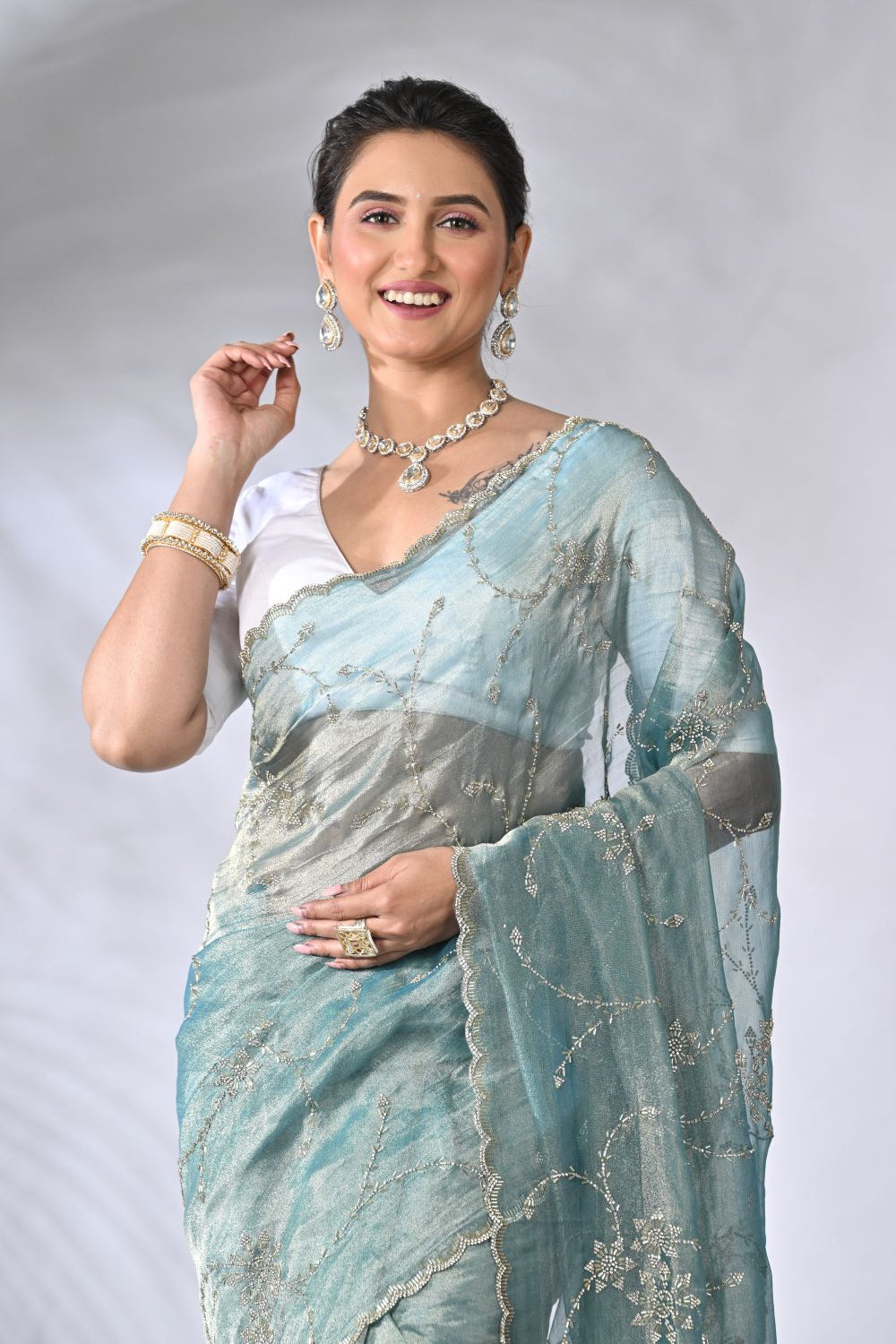 Firozi Blue Organza and Tissue Embroidery Tissue Saree