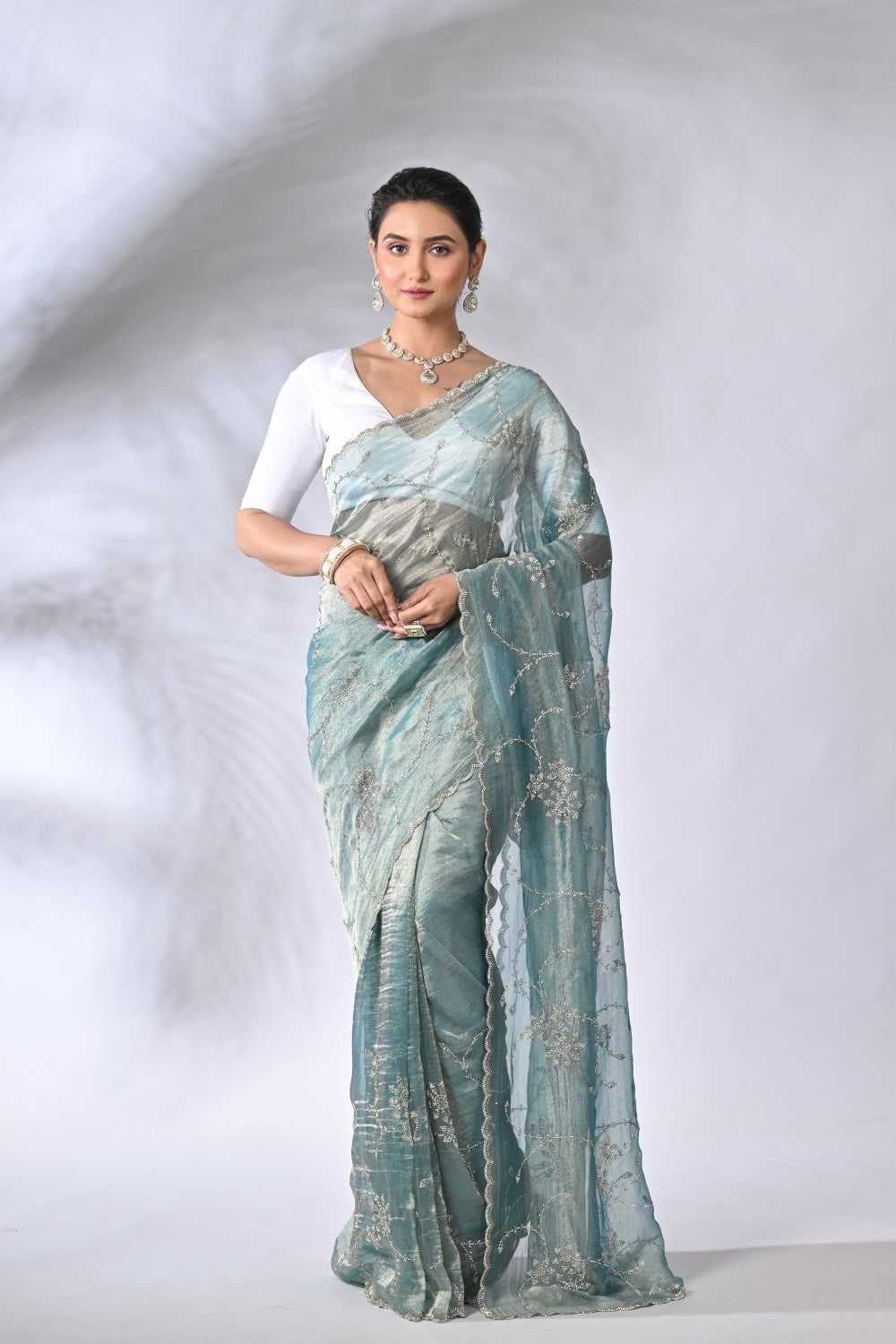 Firozi Blue Organza and Tissue Embroidery Tissue Saree