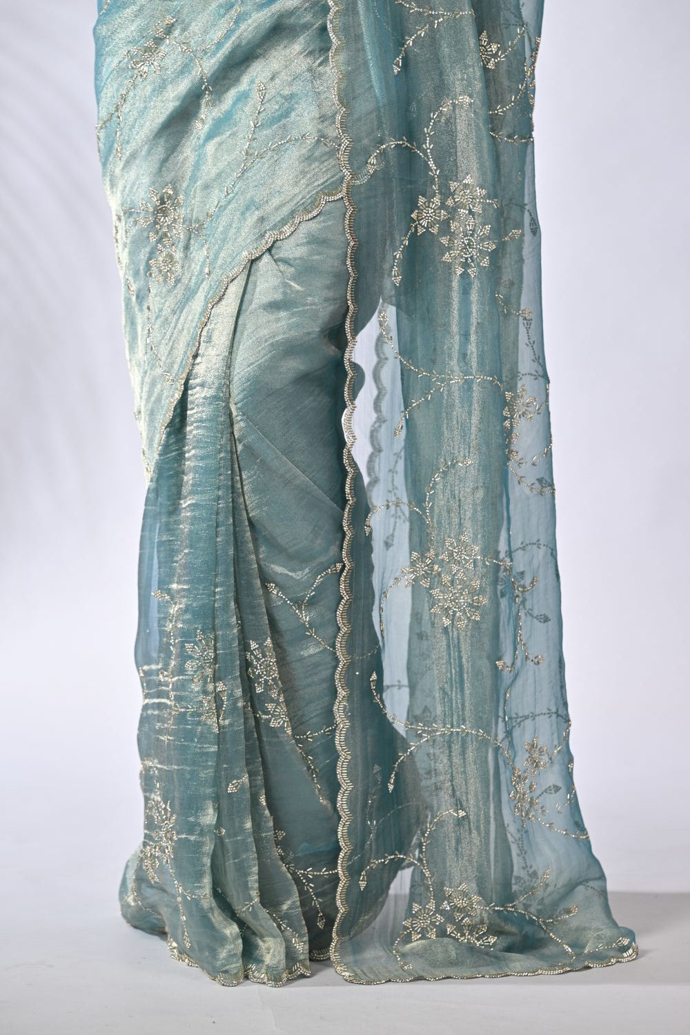 Firozi Blue Organza and Tissue Embroidery Tissue Saree