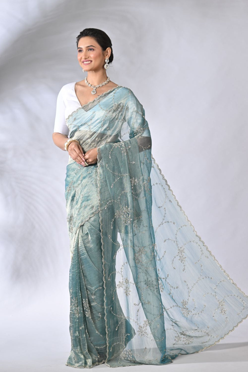 Firozi Blue Organza and Tissue Embroidery Tissue Saree