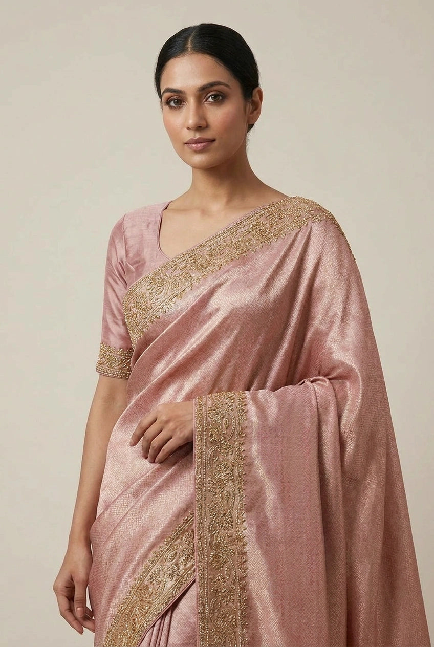 Woman wearing a pink saree with gold embroidery on a plain background