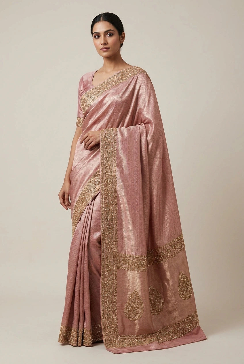 Woman wearing a pink saree with gold embroidery on a plain background