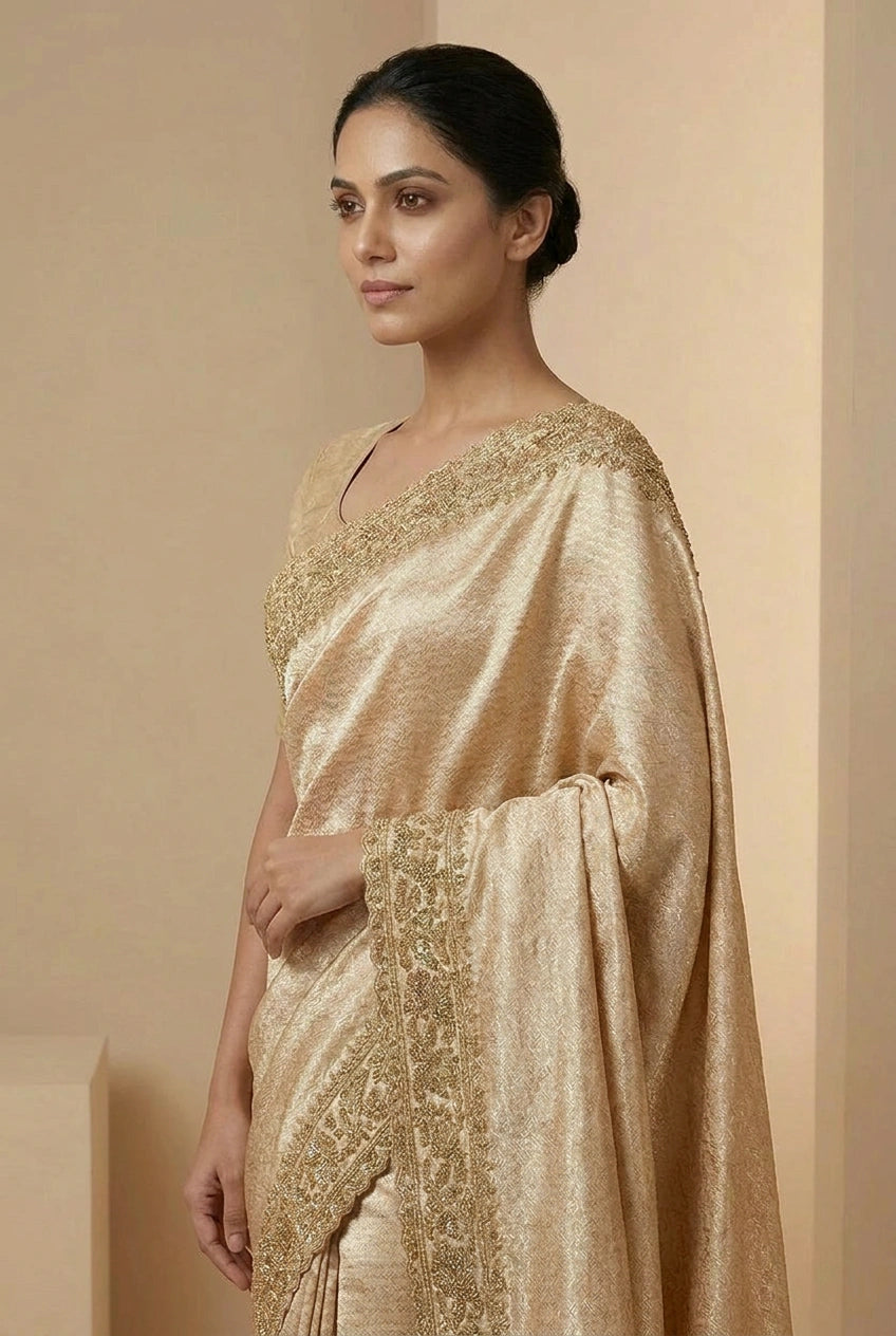 Woman wearing a gold saree with intricate patterns against a beige background