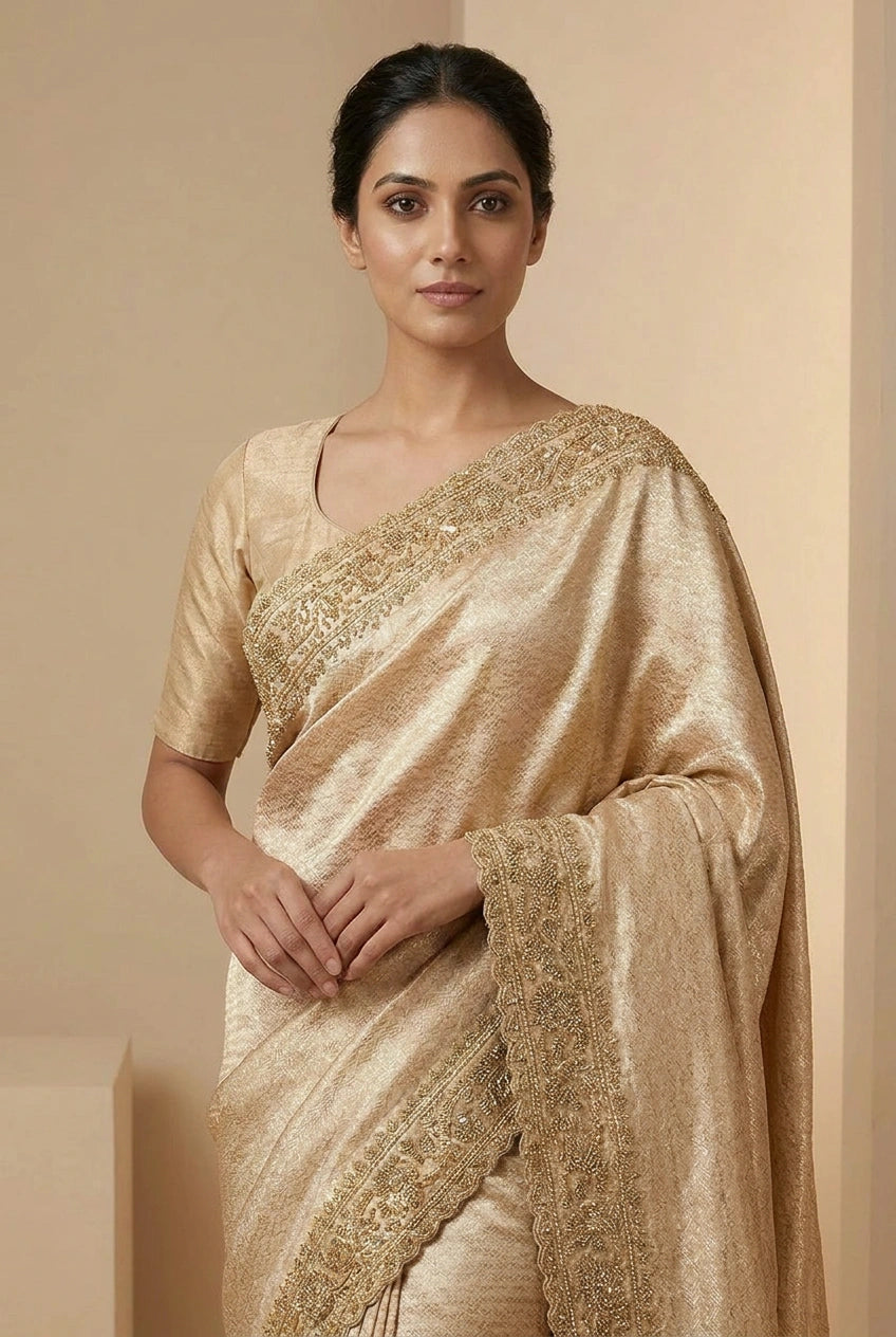 Woman wearing a beige saree with gold embroidery against a beige background