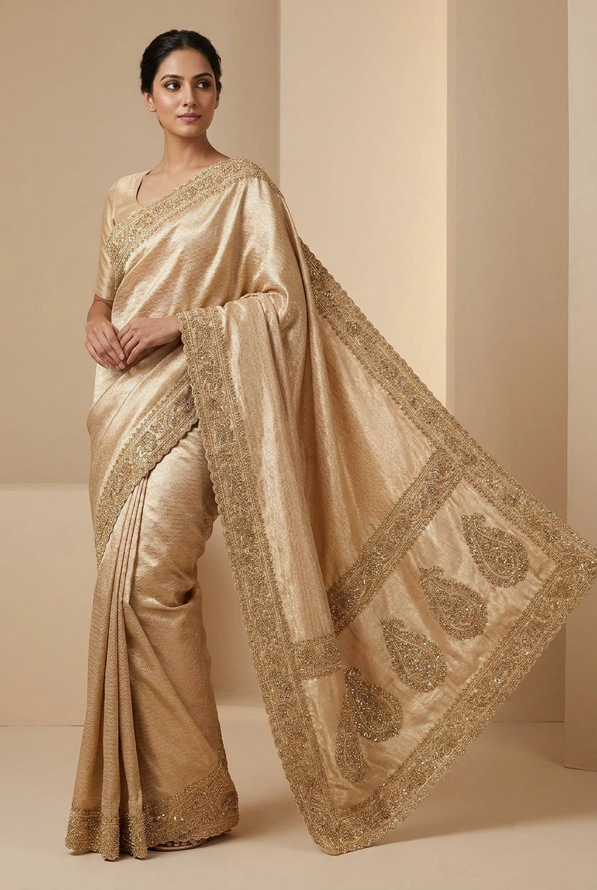 Woman wearing a beige saree with intricate gold embroidery against a beige background