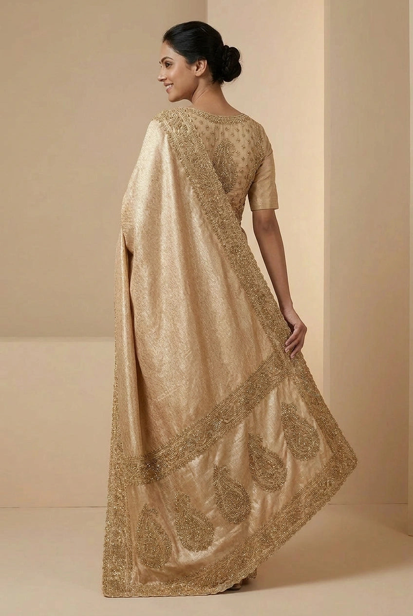 Woman wearing a beige saree with intricate patterns against a beige background
