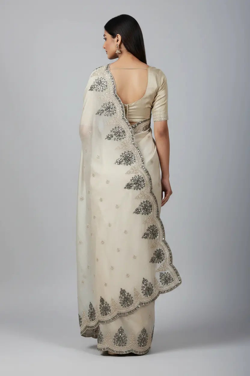 Woman wearing a cream saree with black floral patterns on a plain background