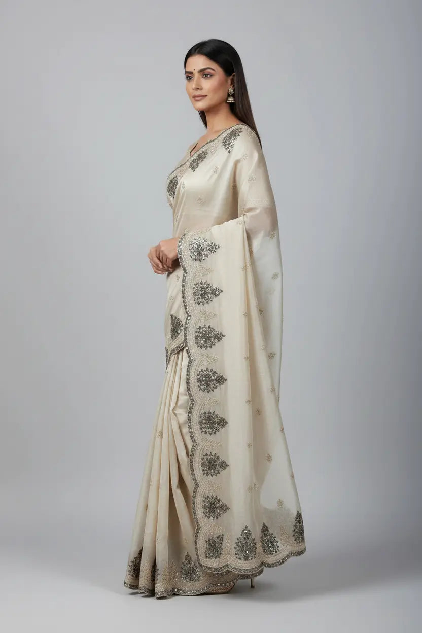 Woman wearing a cream saree with black floral patterns on a plain background