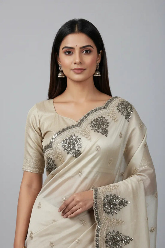 Beige Shimmer Tissue Embroidery Saree - Rangoli India