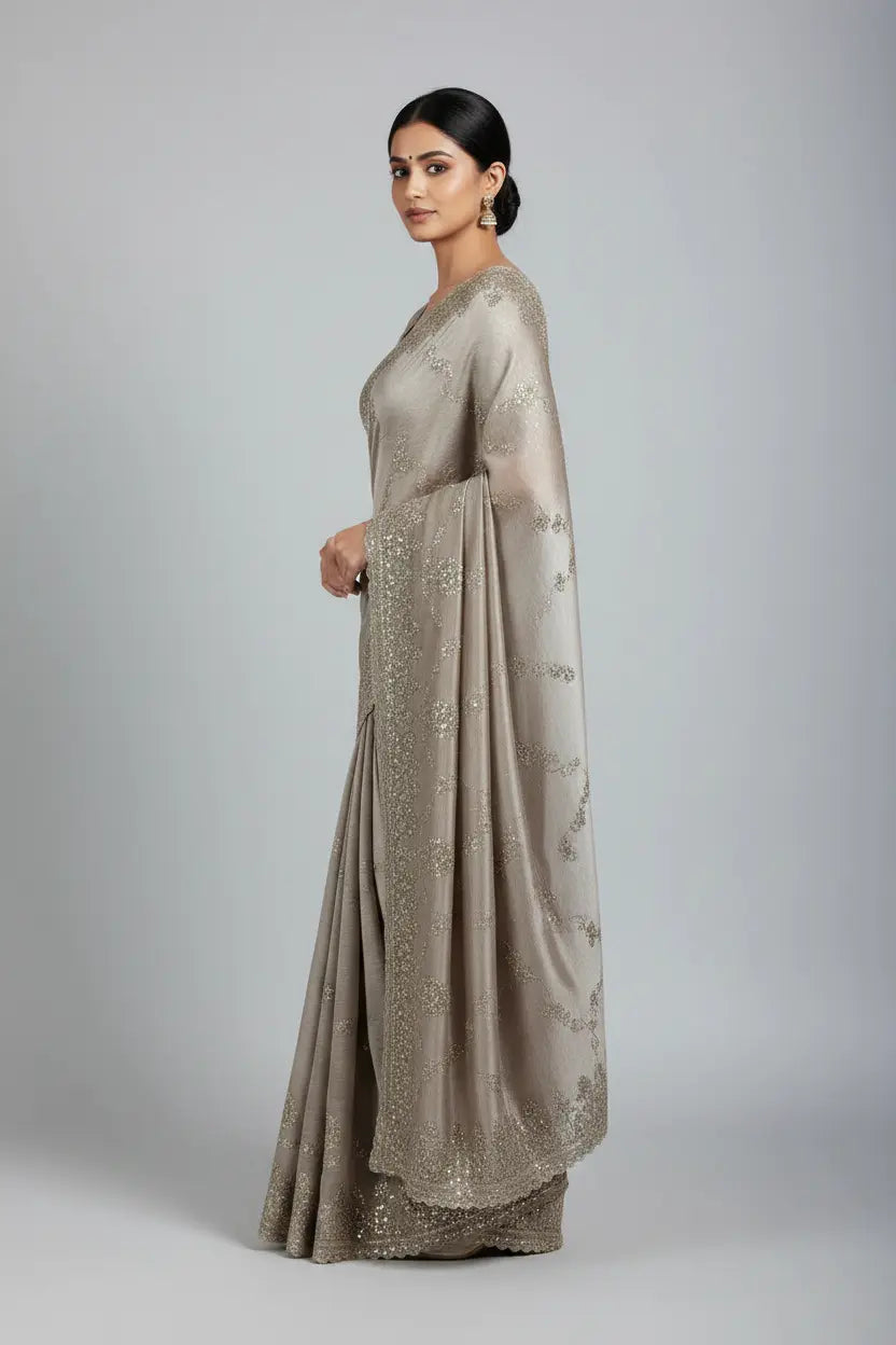 Woman wearing a saree with a subtle pattern on a plain background