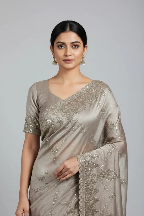 Mauve Handcrafted Tissue Embroidery Saree - Rangoli India