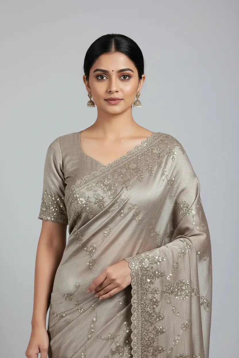 Woman wearing a silver saree with a plain background