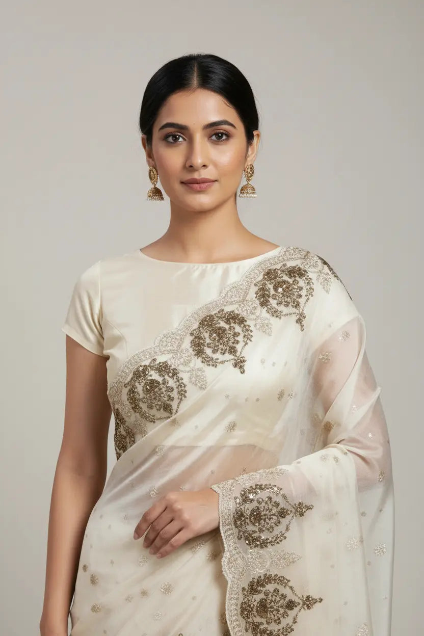 Woman wearing a white saree with intricate black patterns on a plain background