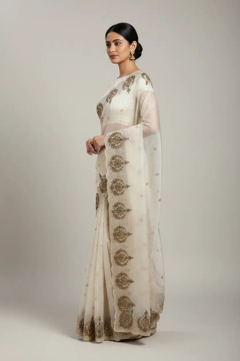 Woman wearing a white saree with gold embroidery on a plain background
