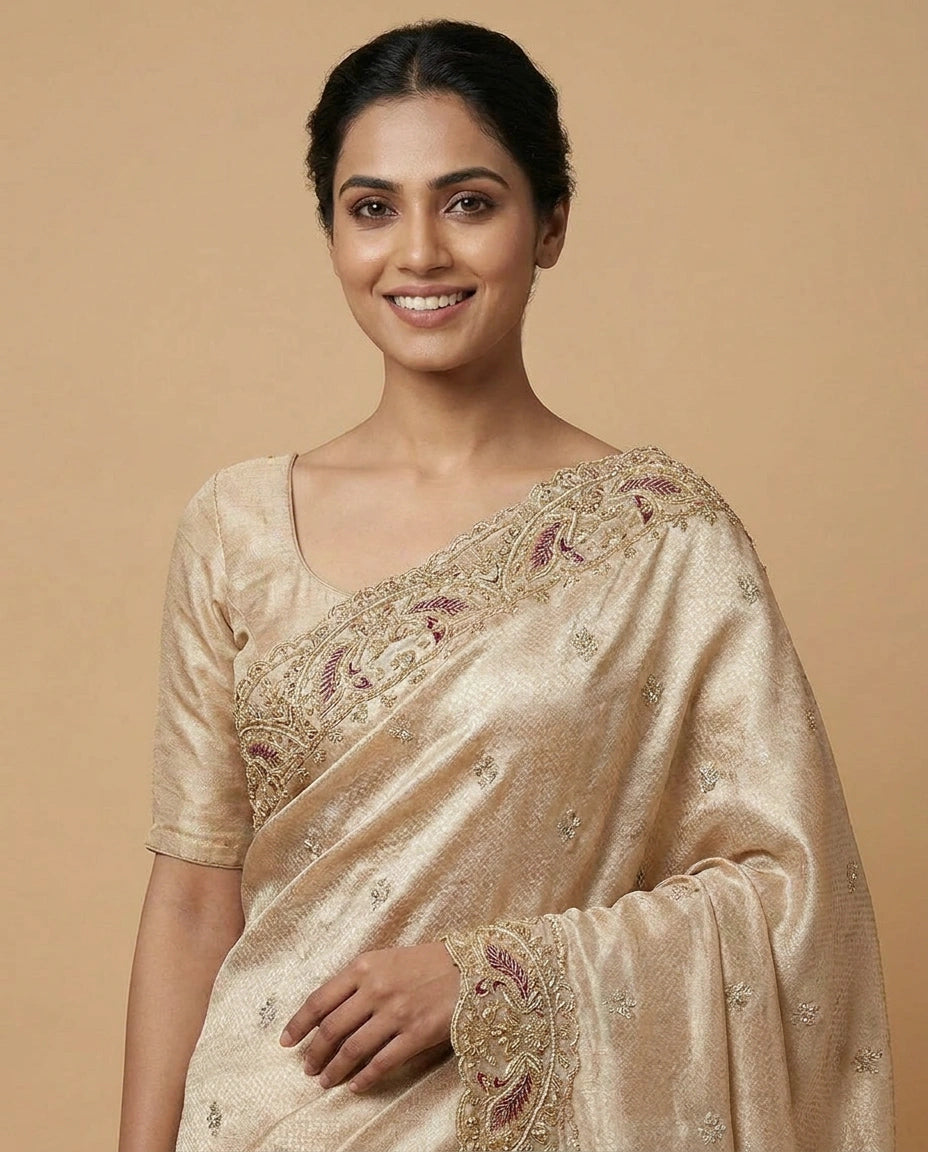Tissue Silk Saree with Handwoven Zari Embroidery Motifs view 2