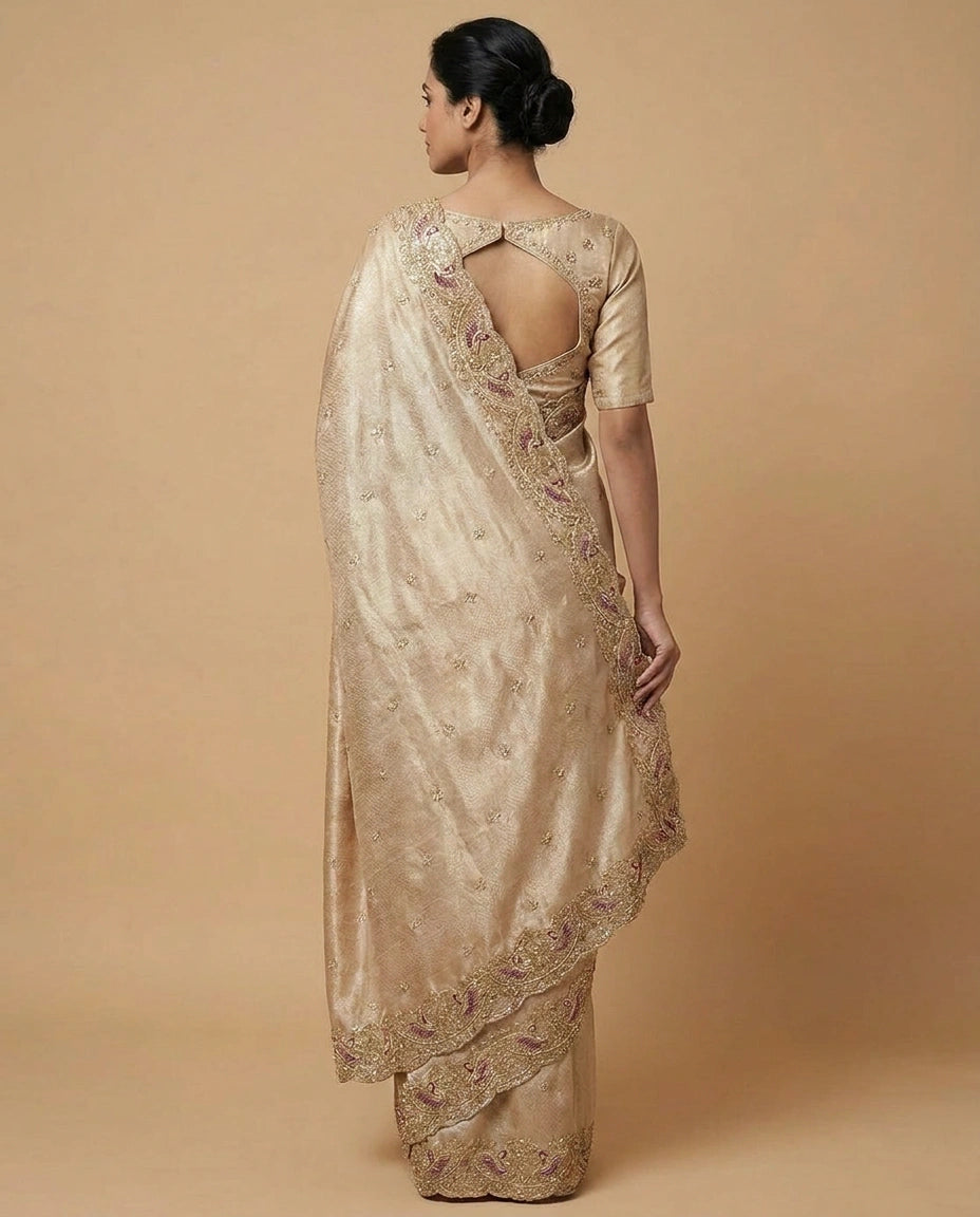Tissue Silk Saree with Handwoven Zari Embroidery Motifs view 3