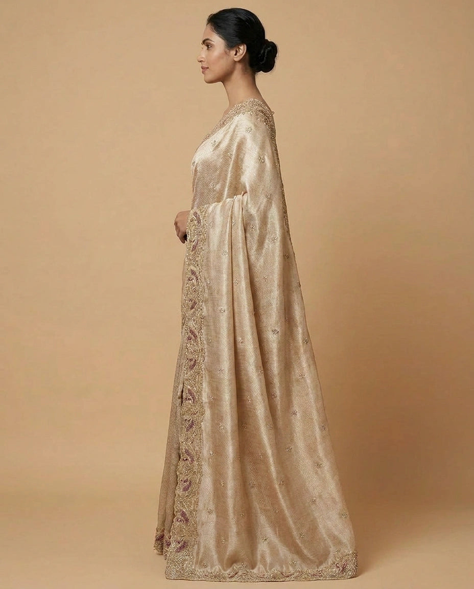Tissue Silk Saree with Handwoven Zari Embroidery Motifs view 4