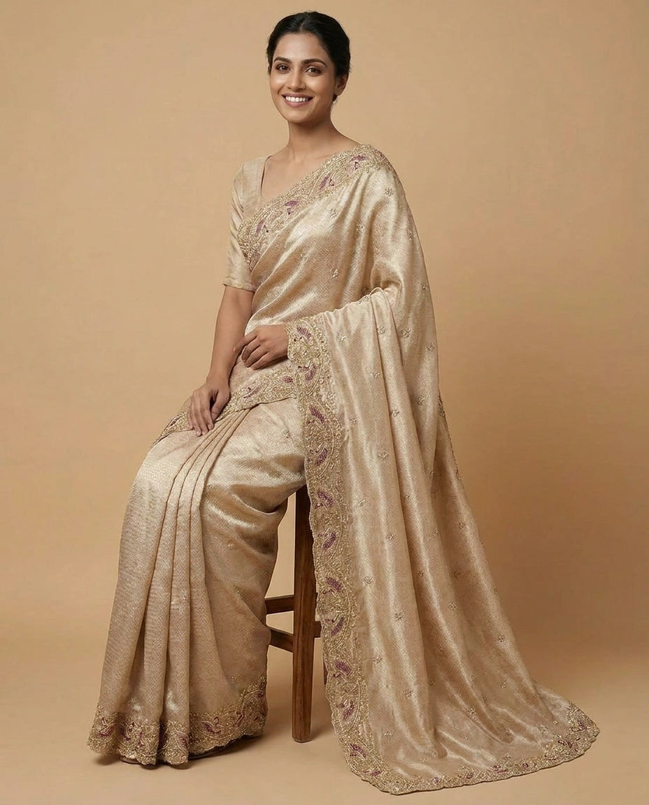 Tissue Silk Saree with Handwoven Zari Embroidery Motifs view 5