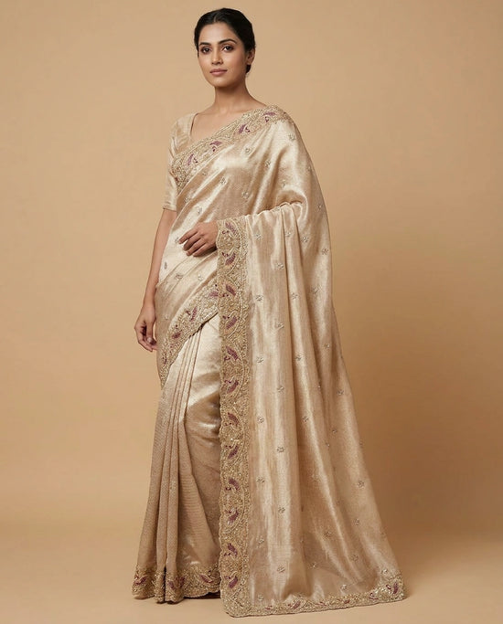 Beige Tissue Silk Saree with Handwoven Zari Embroidery Motifs