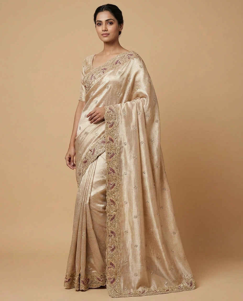 Beige Tissue Silk Saree with Handwoven Zari Embroidery Motifs