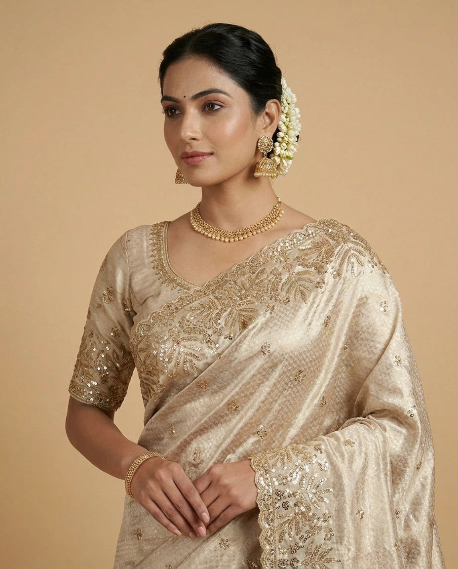 Embroidered Tissue Silk Saree with Fine Floral Zari Work view 4