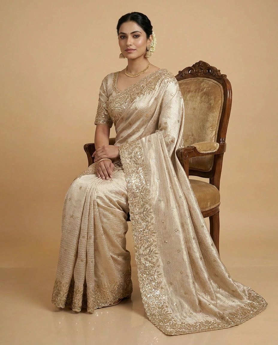 Embroidered Tissue Silk Saree with Fine Floral Zari Work view 5