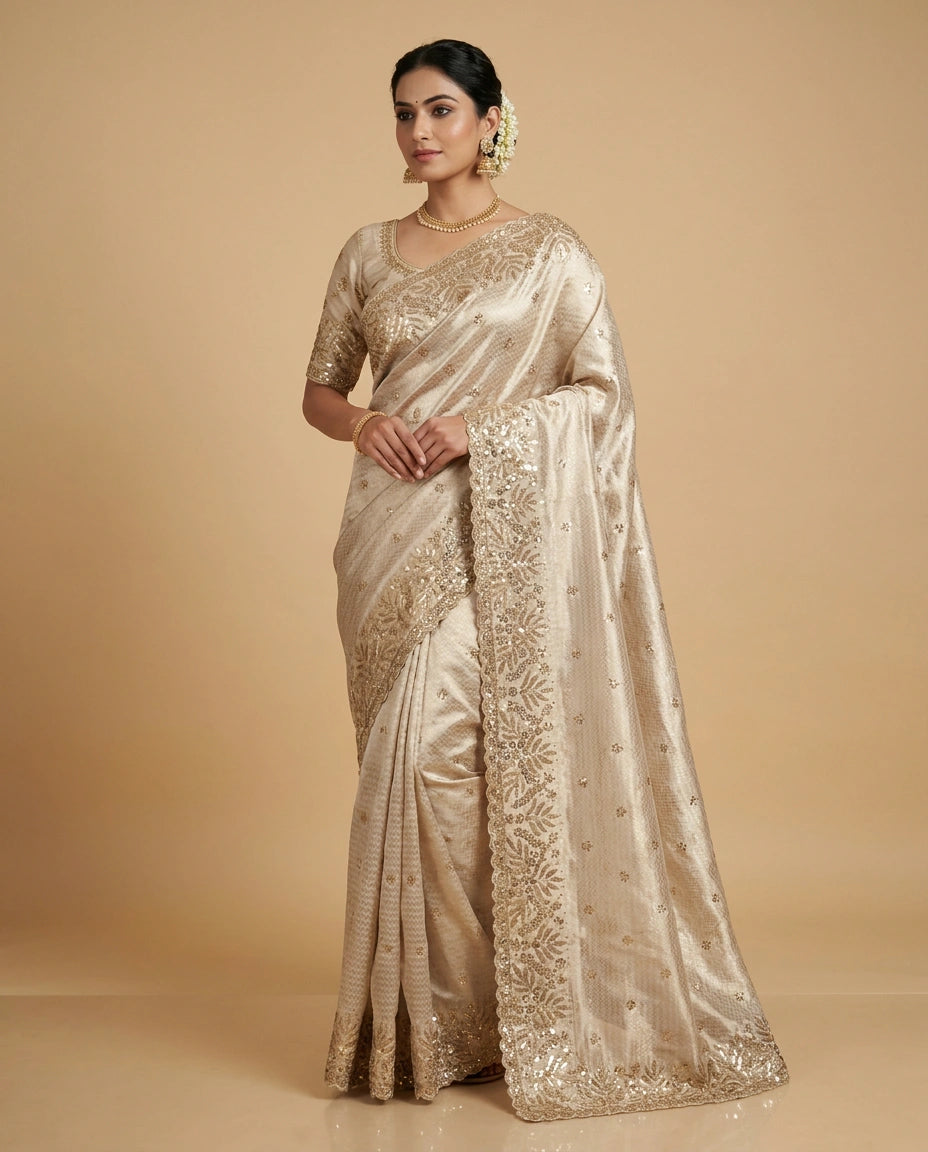 Beige Embroidered Tissue Silk Saree with Fine Floral Zari Work