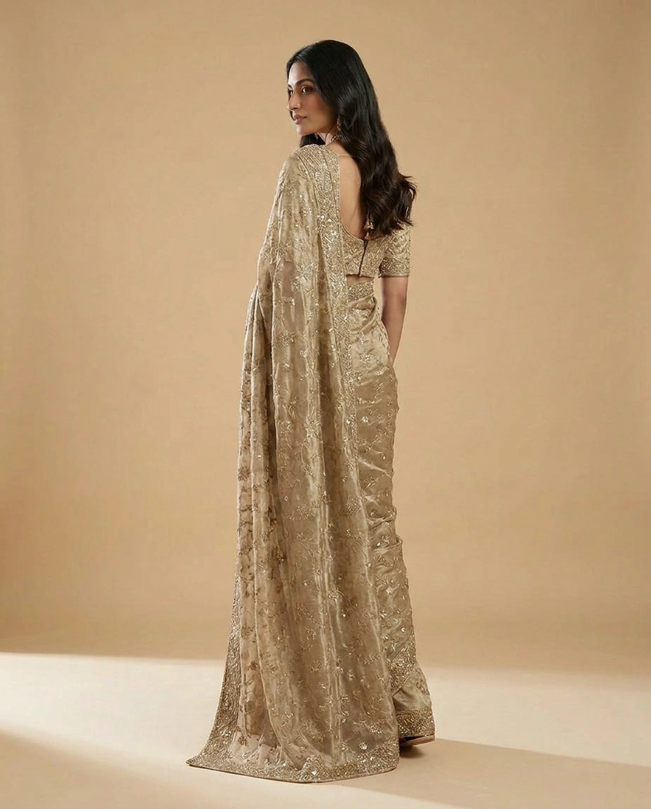 Tissue Saree with Fine Zari Embroidery across Border Work view 2