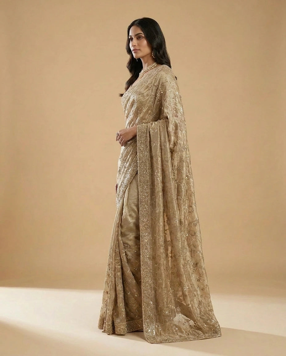 Tissue Saree with Fine Zari Embroidery across Border Work view 3