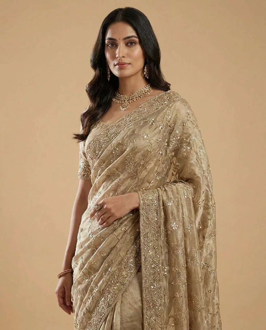 Tissue Saree with Fine Zari Embroidery across Border Work view 4