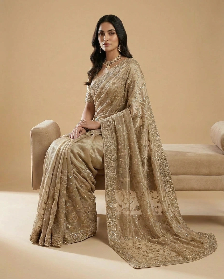 Tissue Saree with Fine Zari Embroidery across Border Work view 5