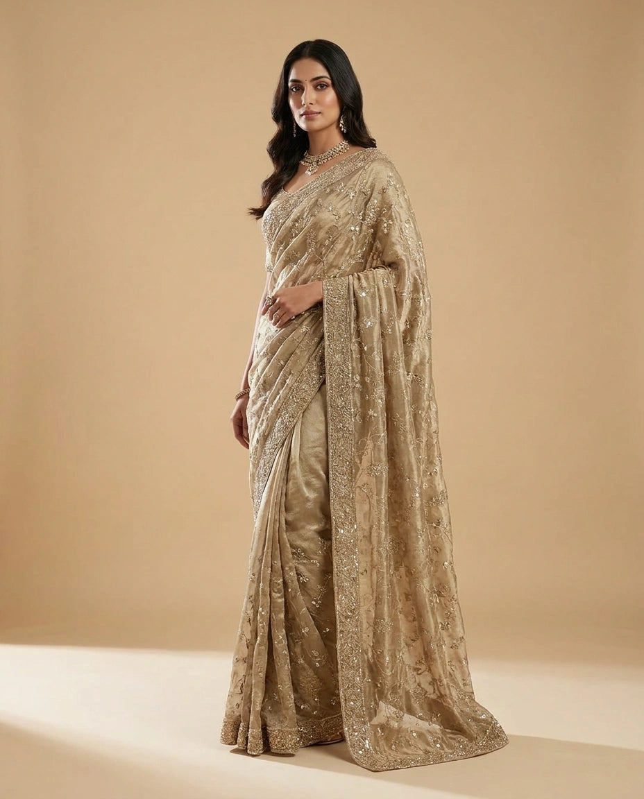 Chiku Tissue Saree with Fine Zari Embroidery across Border Work