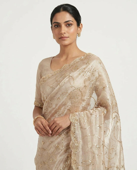 Beige Tissue Designer Saree with Hand Embroidery view 2