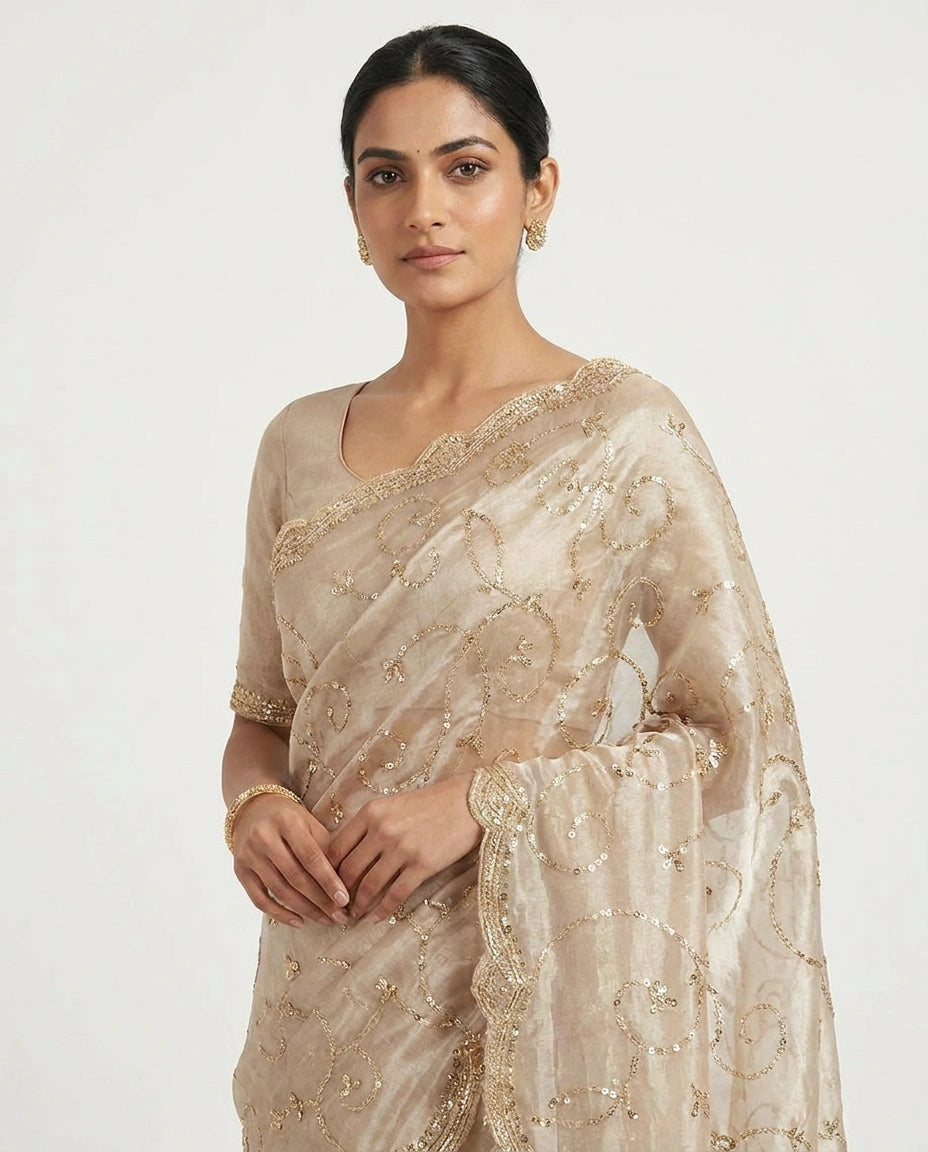 Beige Tissue Designer Saree with Hand Embroidery view 2