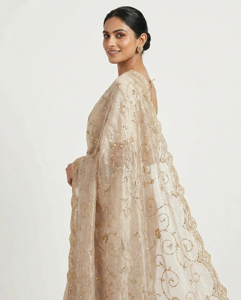 Beige Tissue Designer Saree with Hand Embroidery view 3