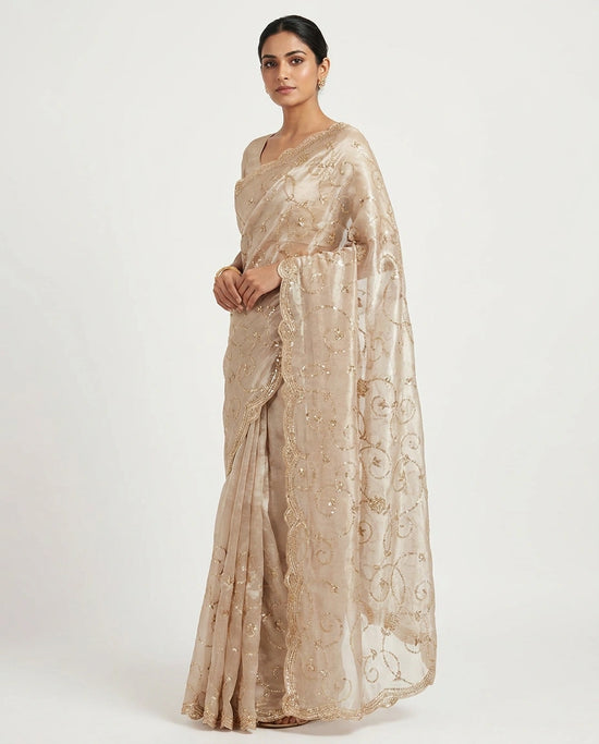 Beige Tissue Designer Saree with Hand Embroidery - Rangoli India