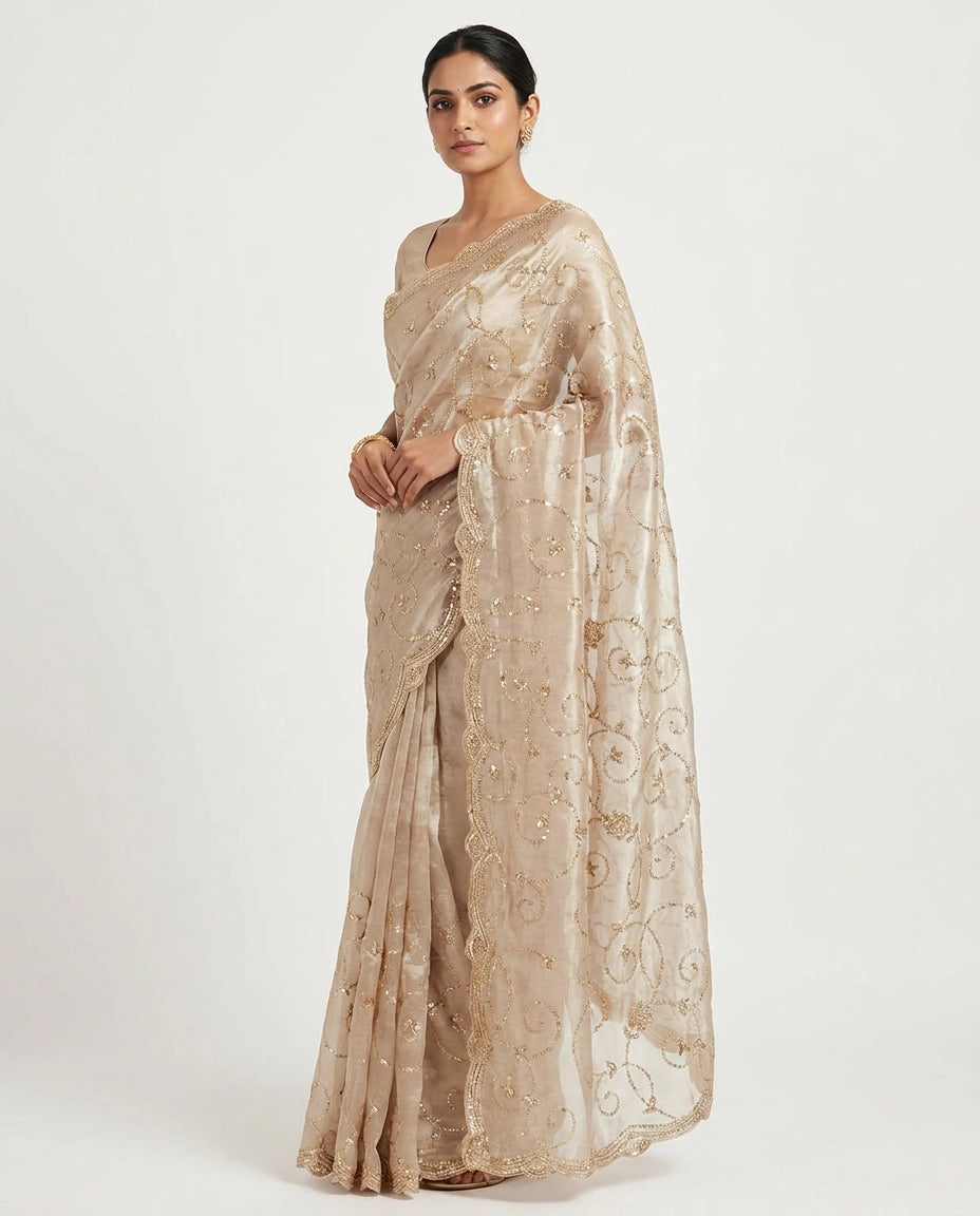 Beige Tissue Designer Saree with Hand Embroidery - Rangoli India