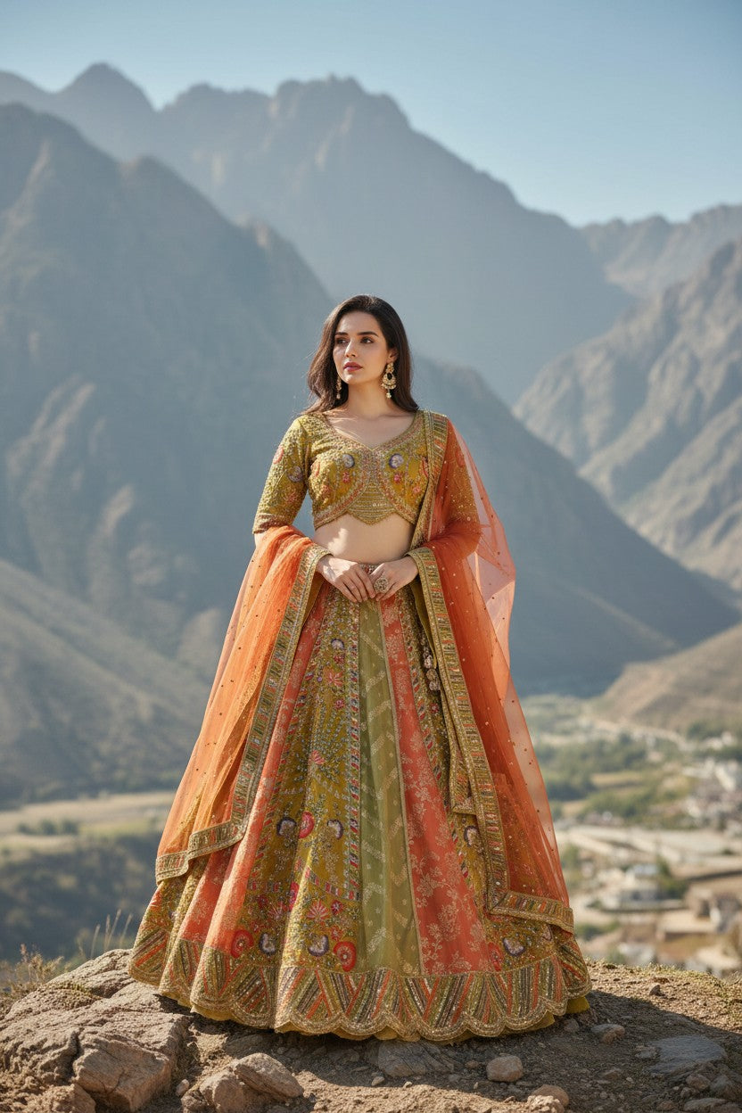 Lime Green Raw Silk Lehenga Set for Mehendi Day