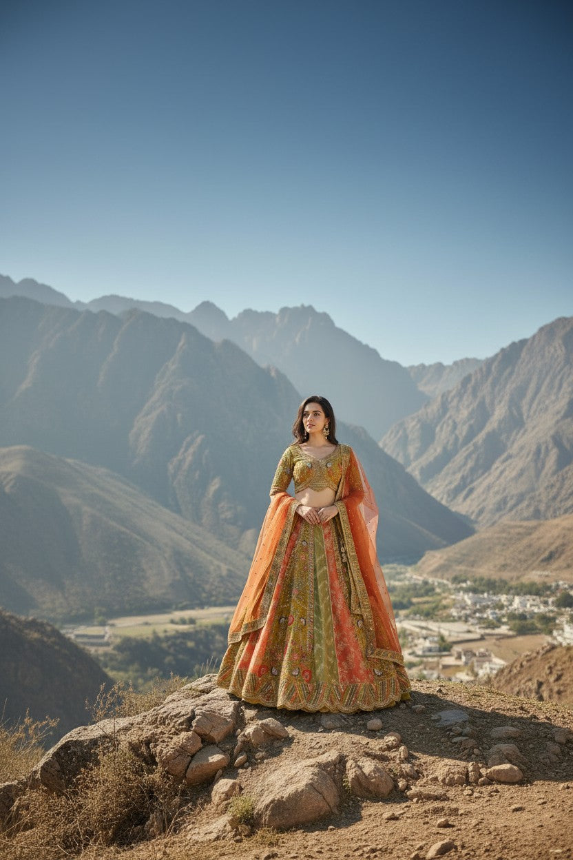 Lime Green Raw Silk Lehenga Set for Mehendi Day