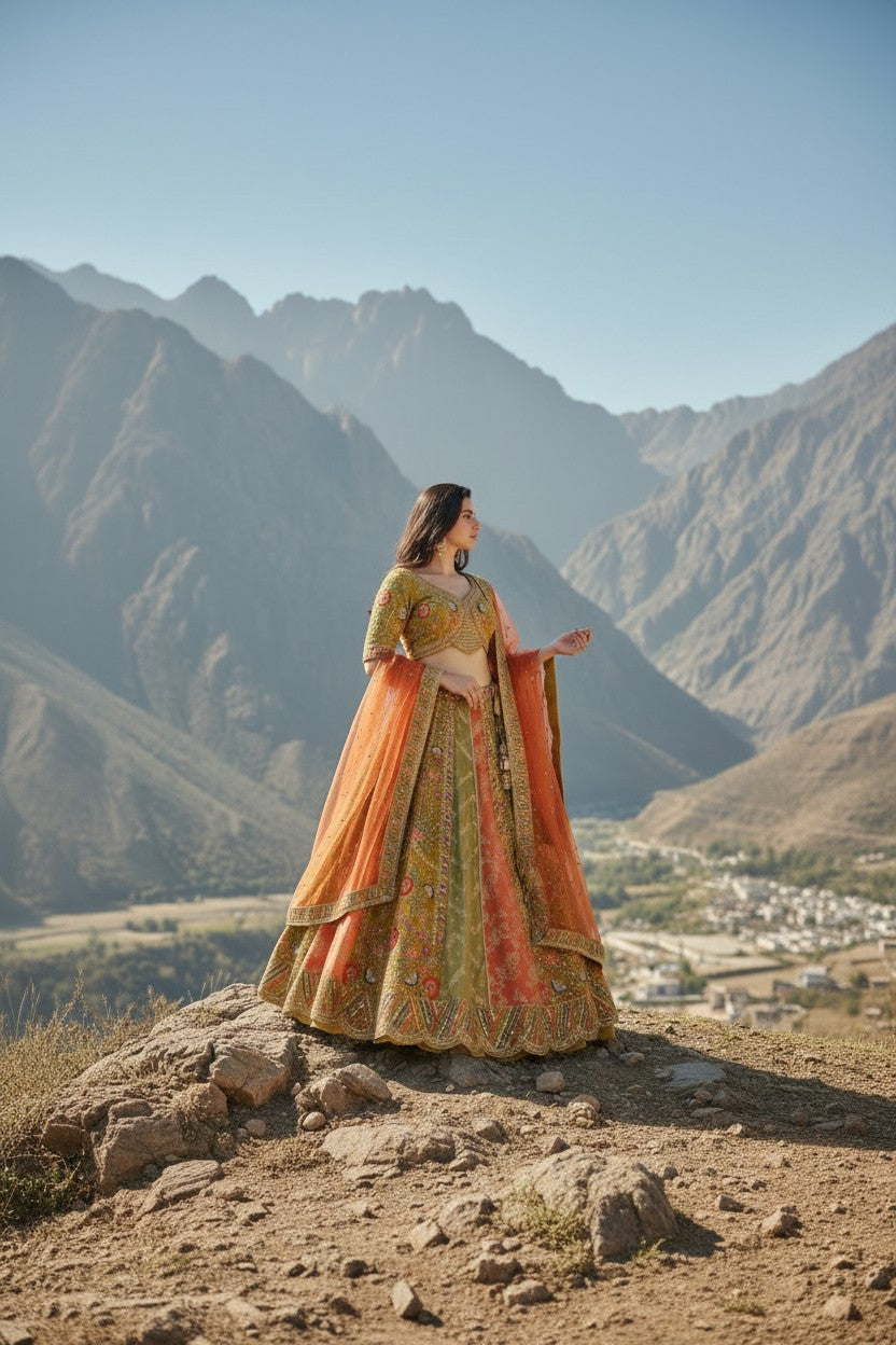 Lime Green Raw Silk Lehenga Set for Mehendi Day