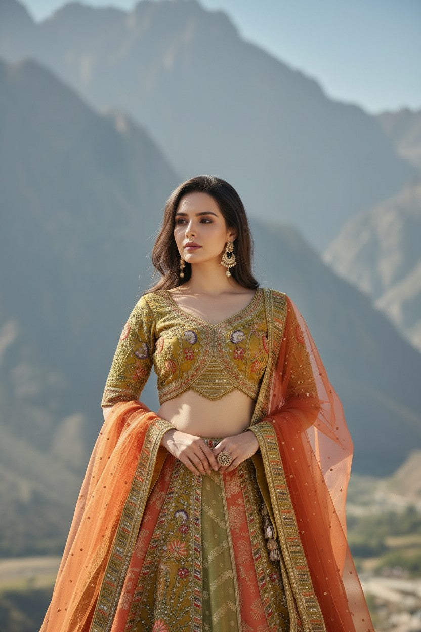 Lime Green Raw Silk Lehenga Set for Mehendi Day