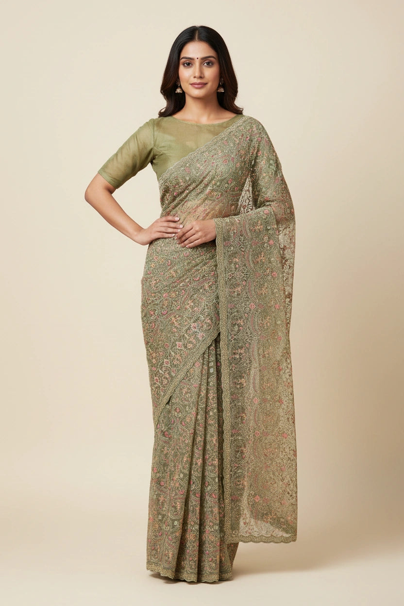 Designer Georgette Chiffon Embroidered Saree - Firozi Blue | Rangoli