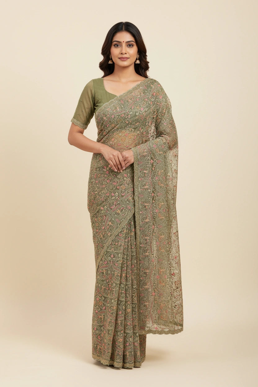 Designer Georgette Chiffon Embroidered Saree - Pink | Rangoli